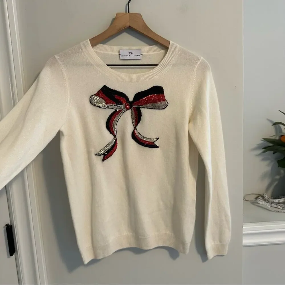 Tuckernuck Never a Wallflower Cream Sequin Bow Cashmere Sweater Small
